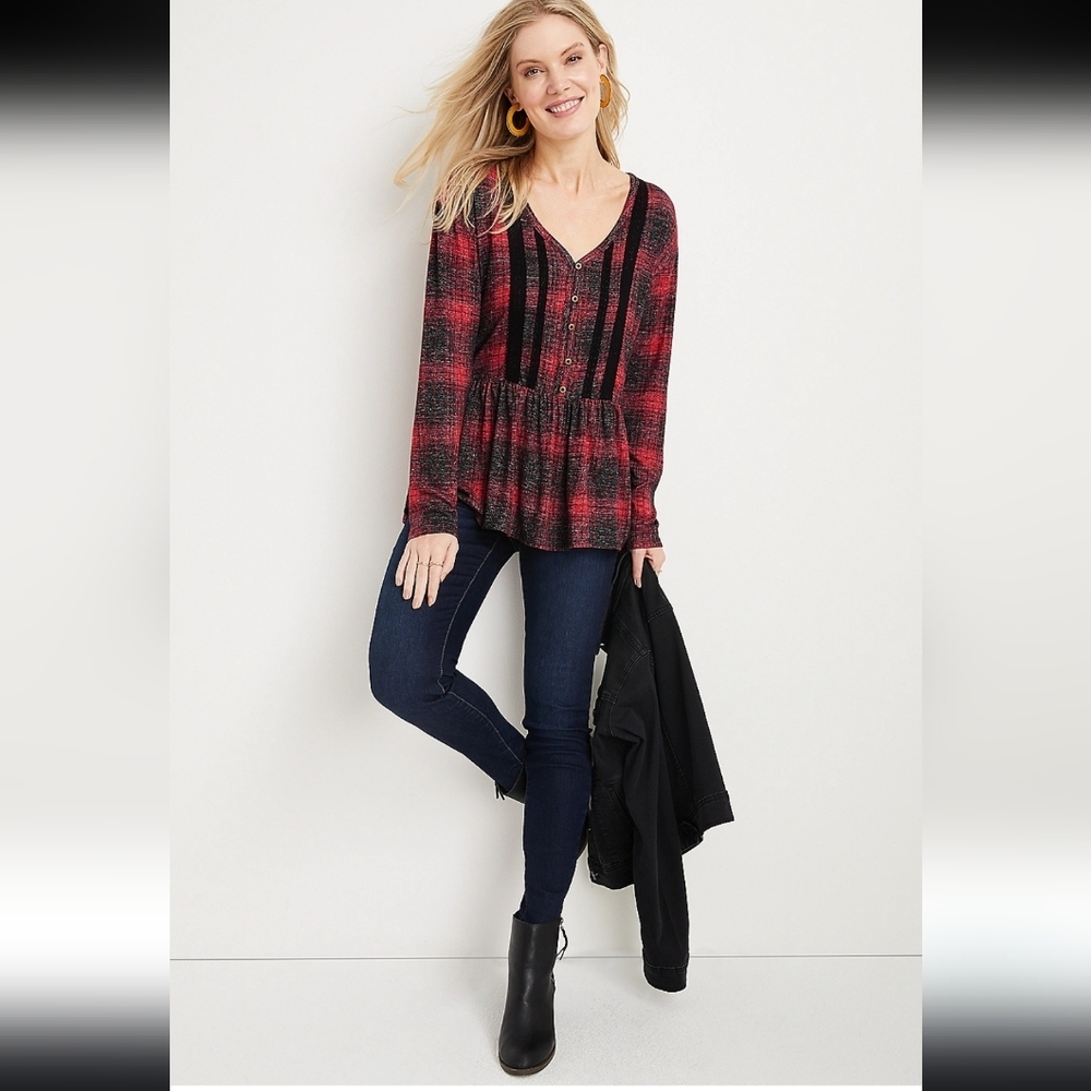 Maurices red and black plaid henley peplum XS vneck long sleeved top